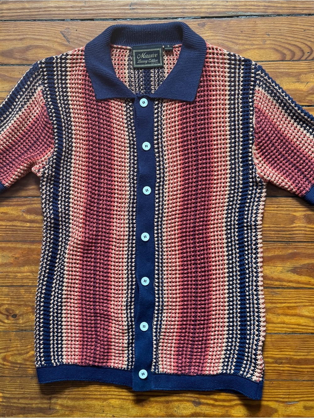 Massive Luxury Edition Knit Polo Mens Small 100% Cotton Striped Button Retro